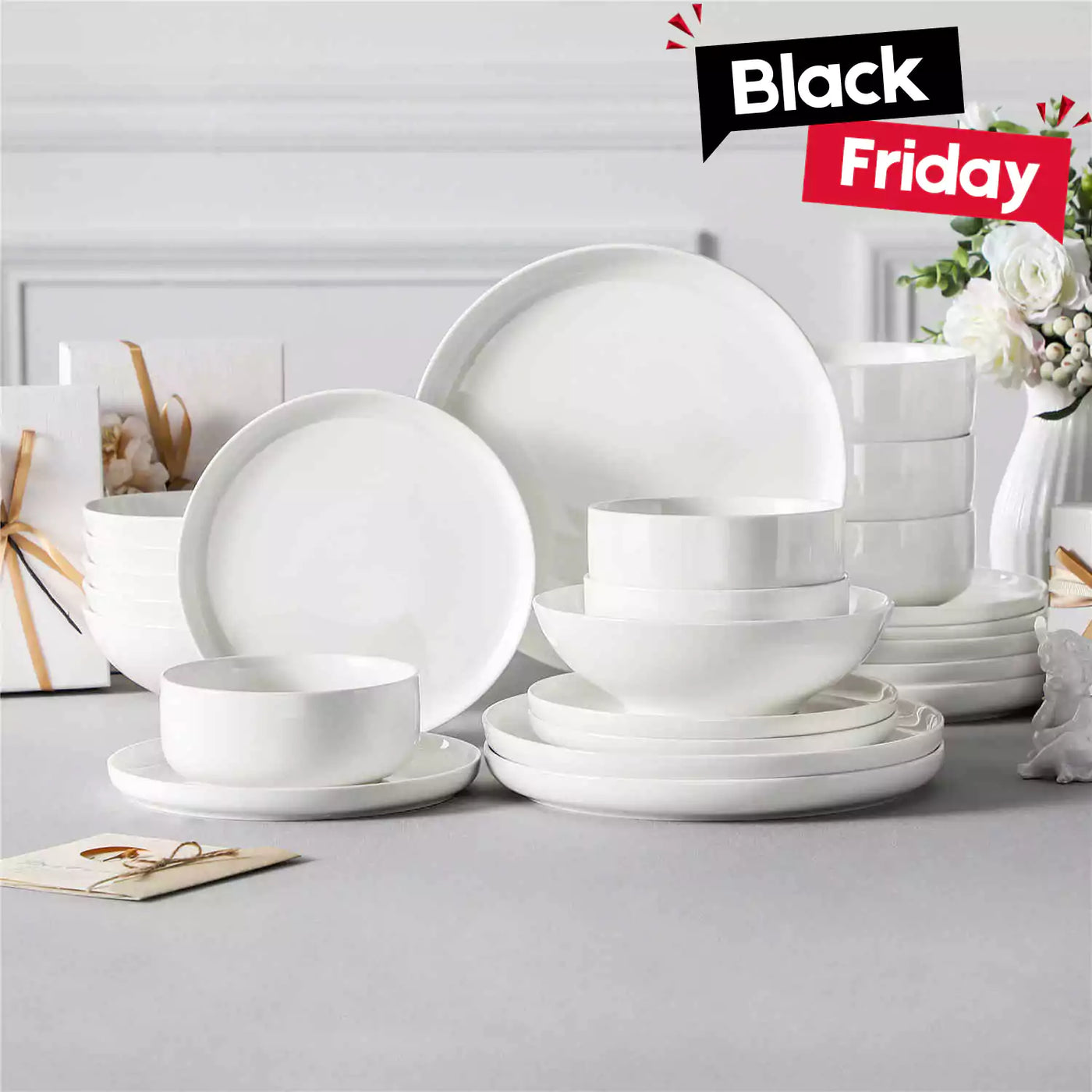 MALACASA Flat Round Luna 24 Piece Dinnerware Set with Soup Plates and Bowls - Ivory White#color_ivory-white