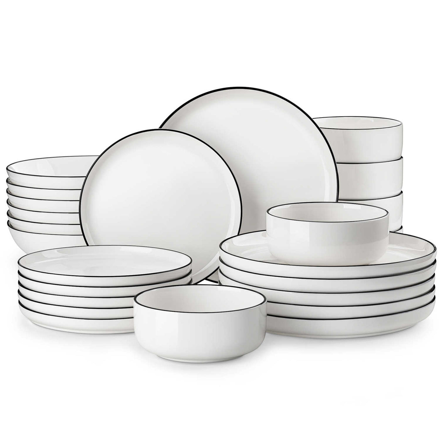 MALACASA Flat Round Luna 24 Piece Dinnerware Set with Soup Plates and Bowls - Black Trim#color_black-trim