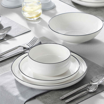 MALACASA Flat Round Luna 24 Piece Dinnerware Set with Soup Plates and Bowls - Black Trim#color_black-trim