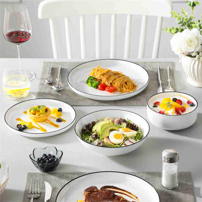 MALACASA Flat Round Luna 24 Piece Dinnerware Set with Soup Plates and Bowls - Black Trim#color_black-trim