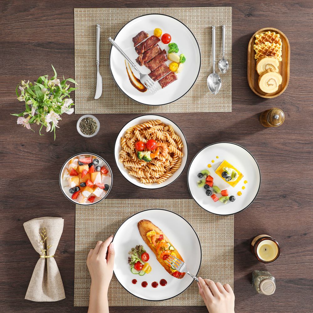 MALACASA Luna 24 piece black trim porcelain dinnerware set for 6, lipped edge#color_black-trim