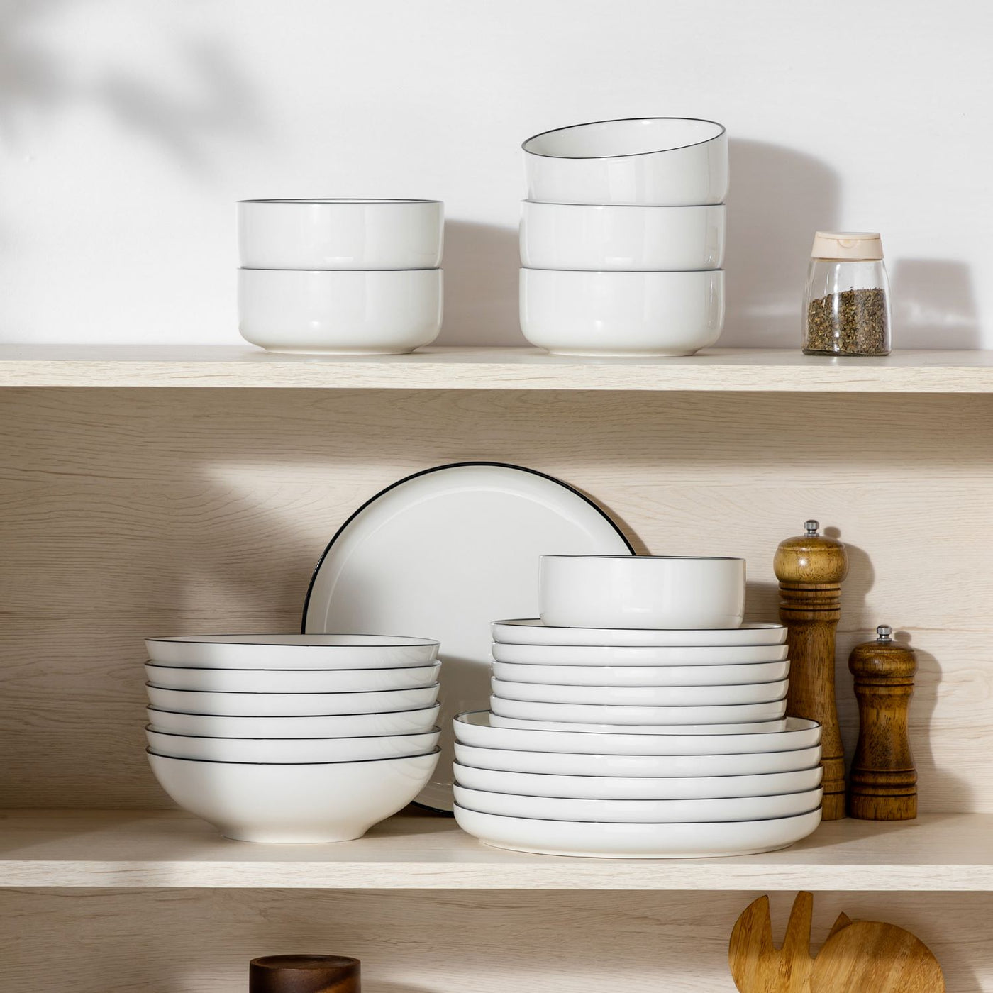 MALACASA Luna 24 piece black trim porcelain dinnerware set for 6, lipped edge#color_black-trim