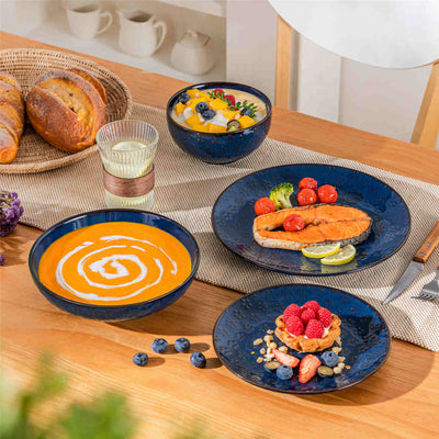 MALACASA Refined Lydia 16-piece deep starry blue dinnerware set with daisy pattern, featuring roasted chicken, oatmeal, and creamy mushroom soup - Delicate Daisy#pattern_delicate-daisy