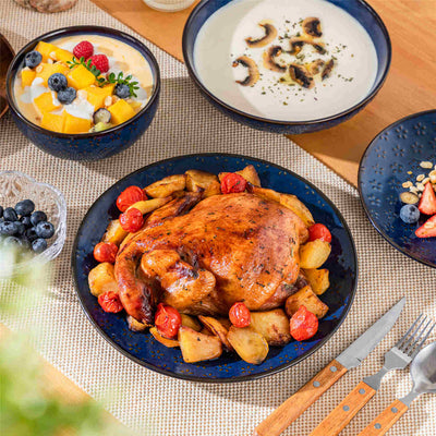 MALACASA Refined Lydia 16-piece deep starry blue dinnerware set with daisy pattern, featuring roasted chicken, oatmeal, and creamy mushroom soup - Delicate Daisy#pattern_delicate-daisy