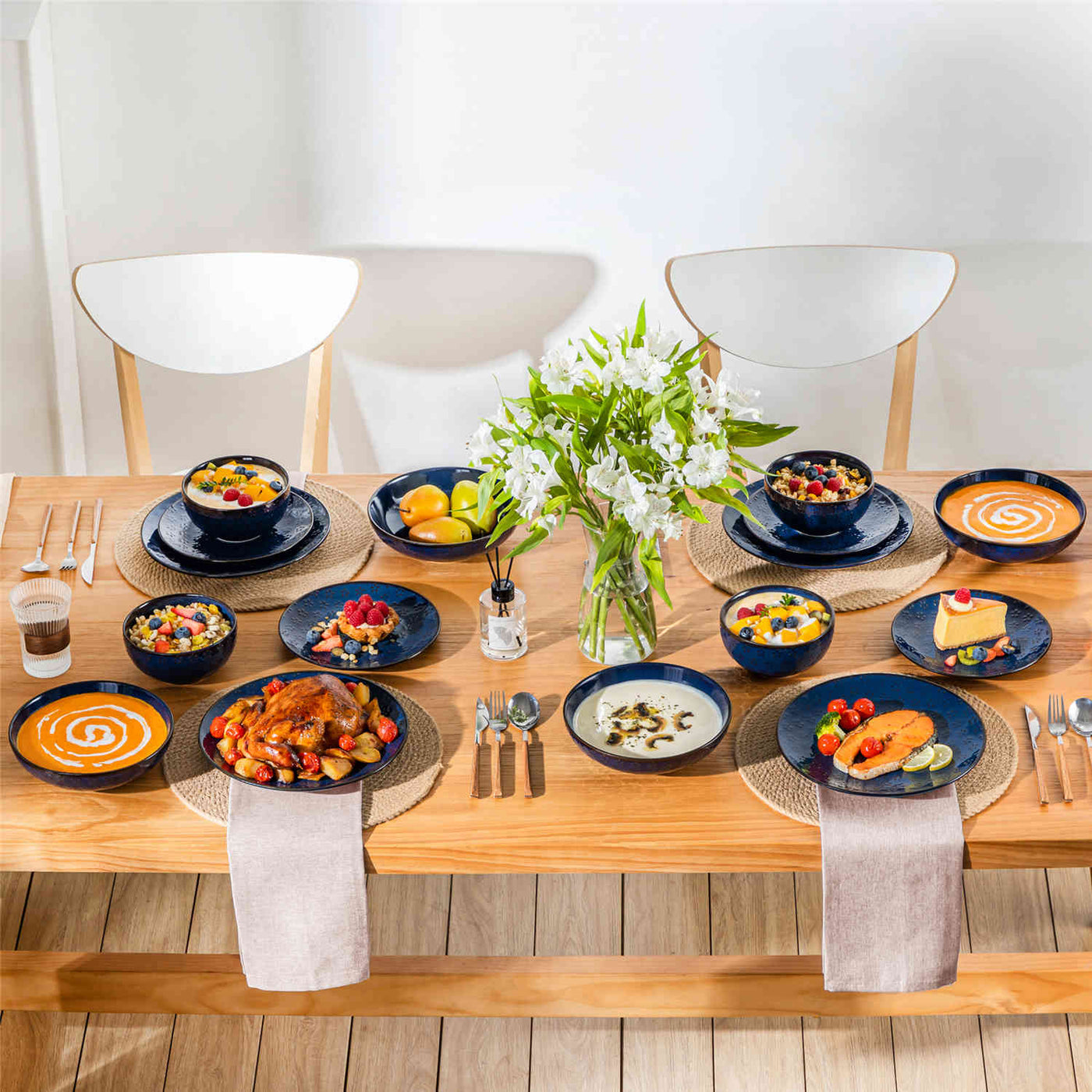 MALACASA Refined Lydia 16-piece deep starry blue dinnerware set with daisy pattern, featuring roasted chicken, oatmeal, and creamy mushroom soup - Delicate Daisy#pattern_delicate-daisy