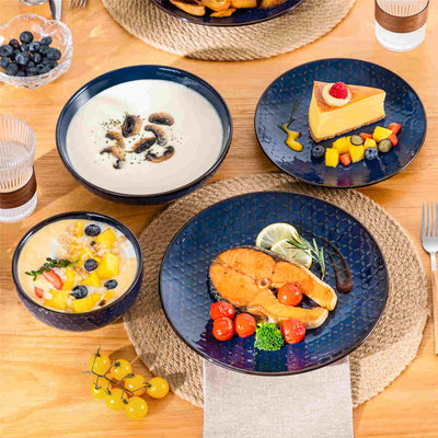 MALACASA exquisite Lydia 16-piece deep starry blue dinnerware set with hexagonal relief design, elegantly serving roasted chicken, oatmeal, and velvety mushroom soup for a refined table setting - Hexagonal Relief#pattern_hexagonal-relief