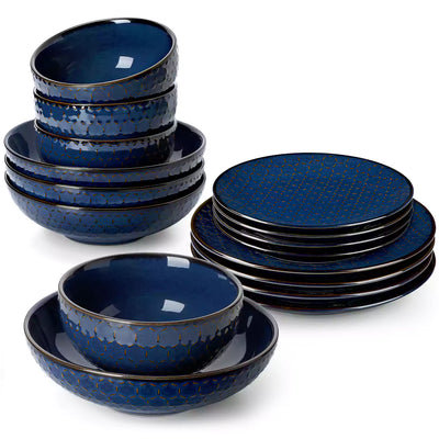 MALACASA exquisite Lydia 16-piece deep starry blue dinnerware set with hexagonal relief design, elegantly serving roasted chicken, oatmeal, and velvety mushroom soup for a refined table setting - Hexagonal Relief#pattern_hexagonal-relief