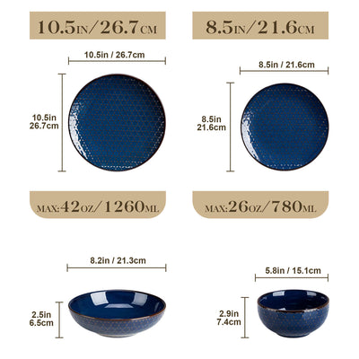 MALACASA exquisite Lydia 16-piece deep starry blue dinnerware set with hexagonal relief design, elegantly serving roasted chicken, oatmeal, and velvety mushroom soup for a refined table setting - Hexagonal Relief#pattern_hexagonal-relief