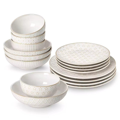 MALACASA Lydia soft antique white 16-piece dinnerware set with delicate daisy pattern, elegantly showcasing pumpkin soup, berry salad, cheesecake, and roasted chicken for a refined dining experience - Mixed Motif#pattern_mixed-motif
