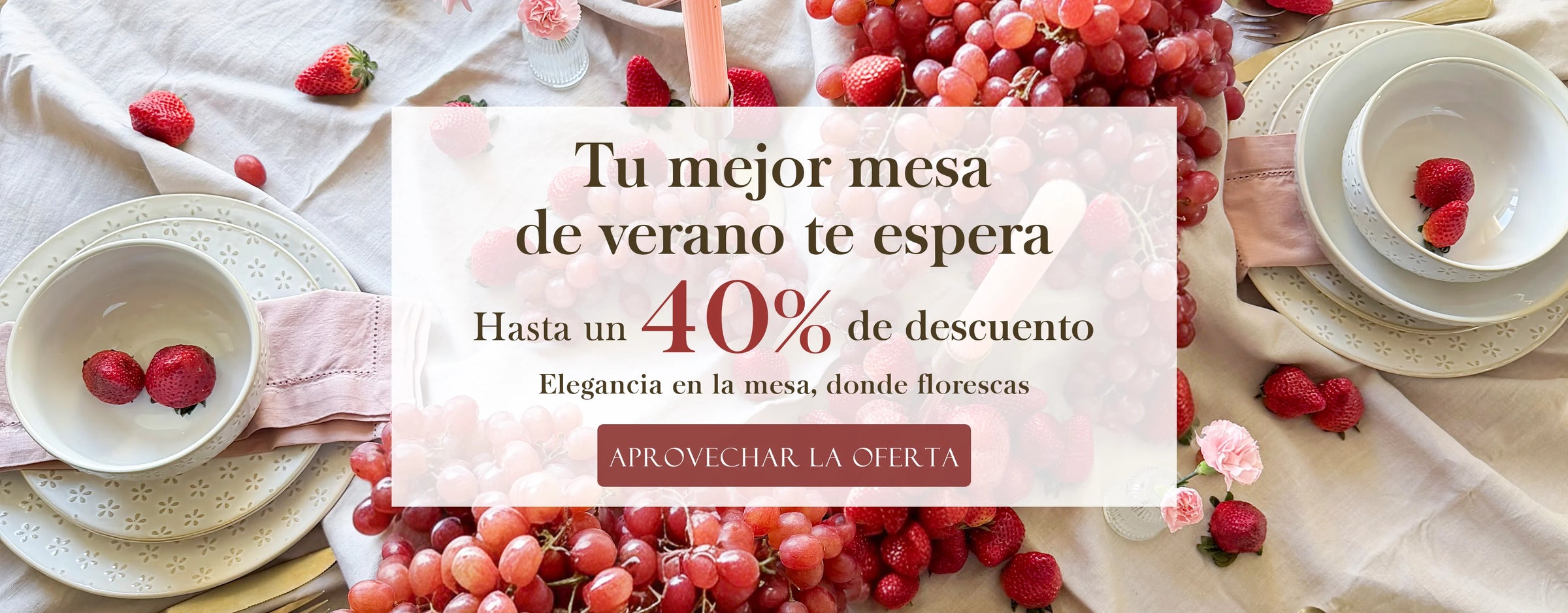 Table setting with fruits and a promotional banner for a summer table offer.