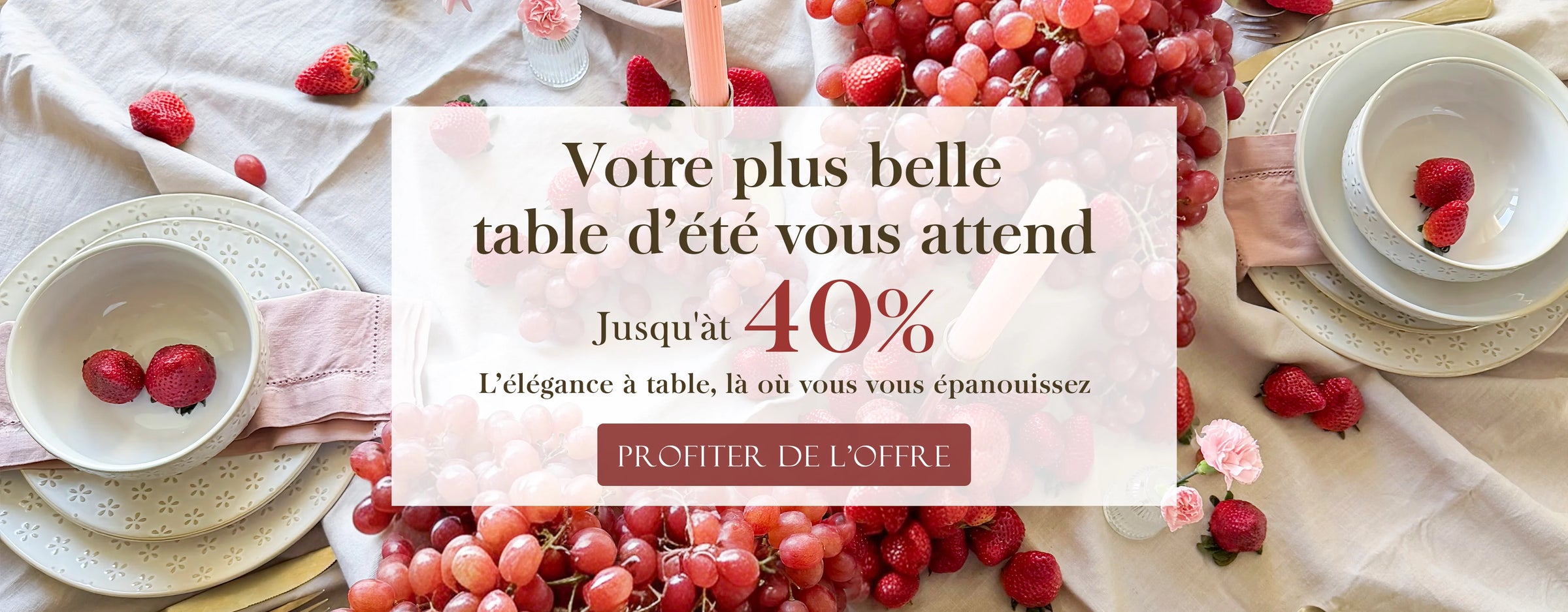 Table setting with grapes and strawberries, promotional banner for summer table decor sale.