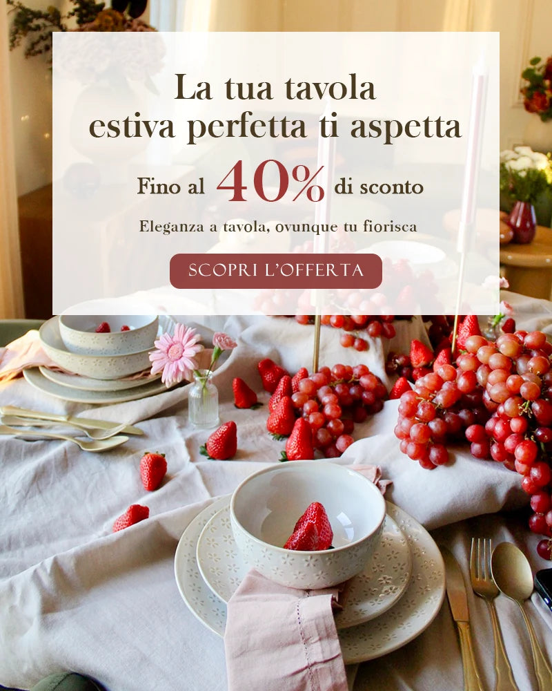 Table setting with strawberries and grapes, promotional text overlay for a discount offer.
