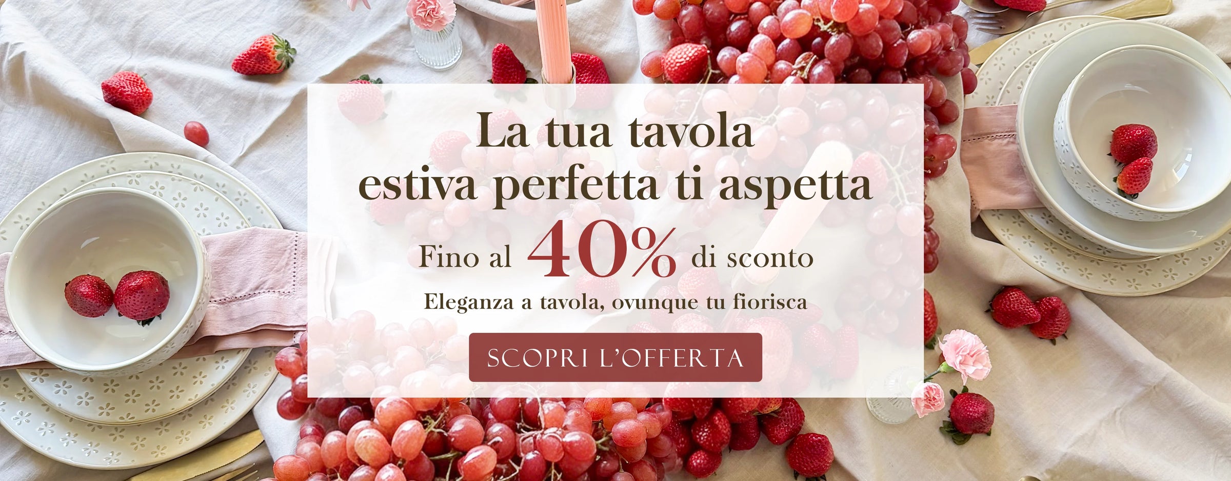 Table setting with bowls, grapes, and strawberries on a white tablecloth, with promotional text overlay.
