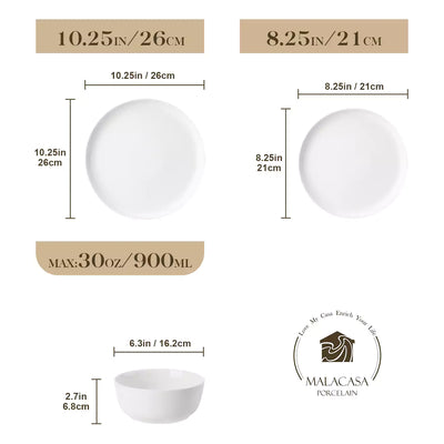 MINA porcelain dinnerware set featuring curved-edge plates and bowls with lifted rims.#color_ivory-white