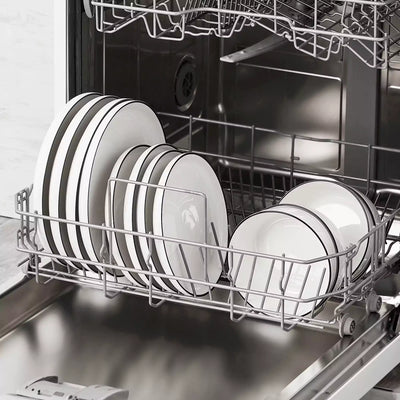 MINA porcelain dinnerware set featuring curved-edge plates and bowls with lifted rims#color_black-trim