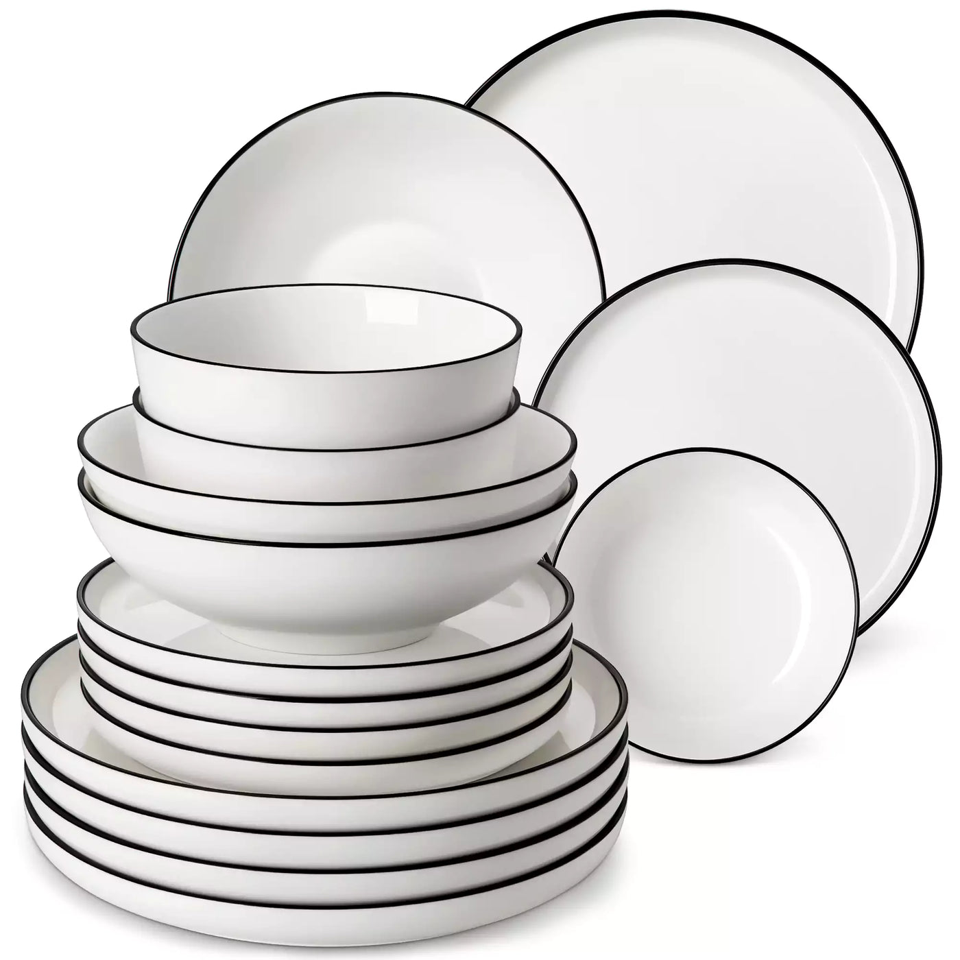 MINA porcelain dinnerware set featuring curved-edge plates and bowls with lifted rims#color_black-trim