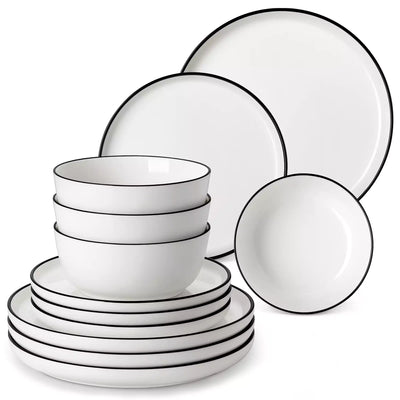 MINA porcelain dinnerware set featuring curved-edge plates and bowls with lifted rims#color_black-trim