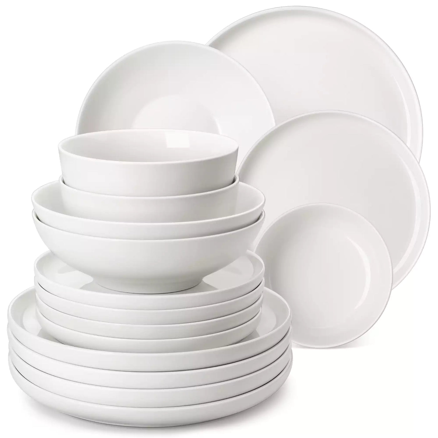 MINA porcelain dinnerware set featuring curved-edge plates and bowls with lifted rims.#color_ivory-white
