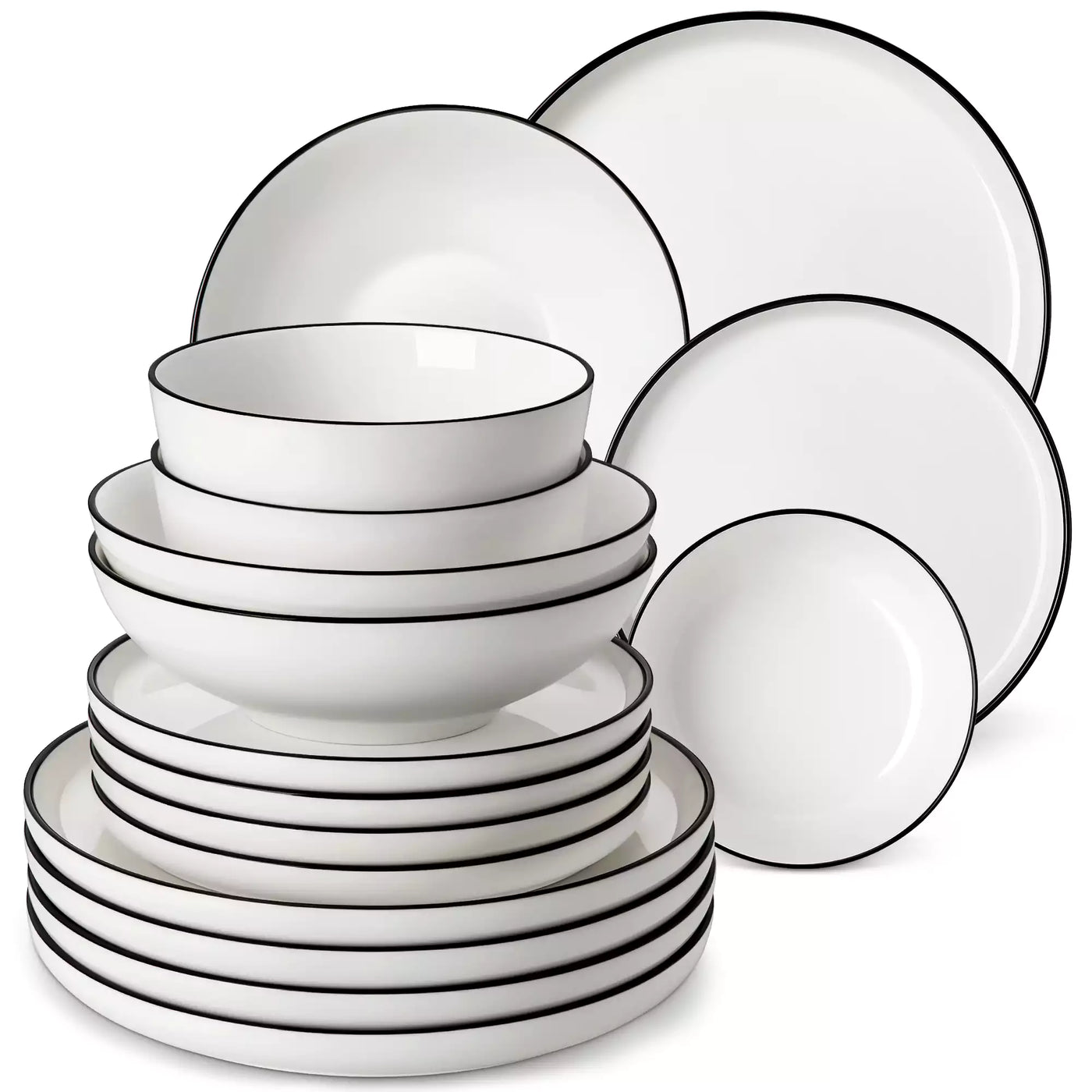 MINA porcelain dinnerware set featuring curved-edge plates and bowls with lifted rims#color_black-trim