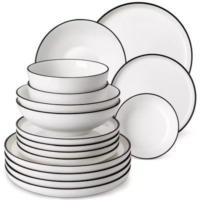 MINA porcelain dinnerware set featuring curved-edge plates and bowls with lifted rims#color_black-trim