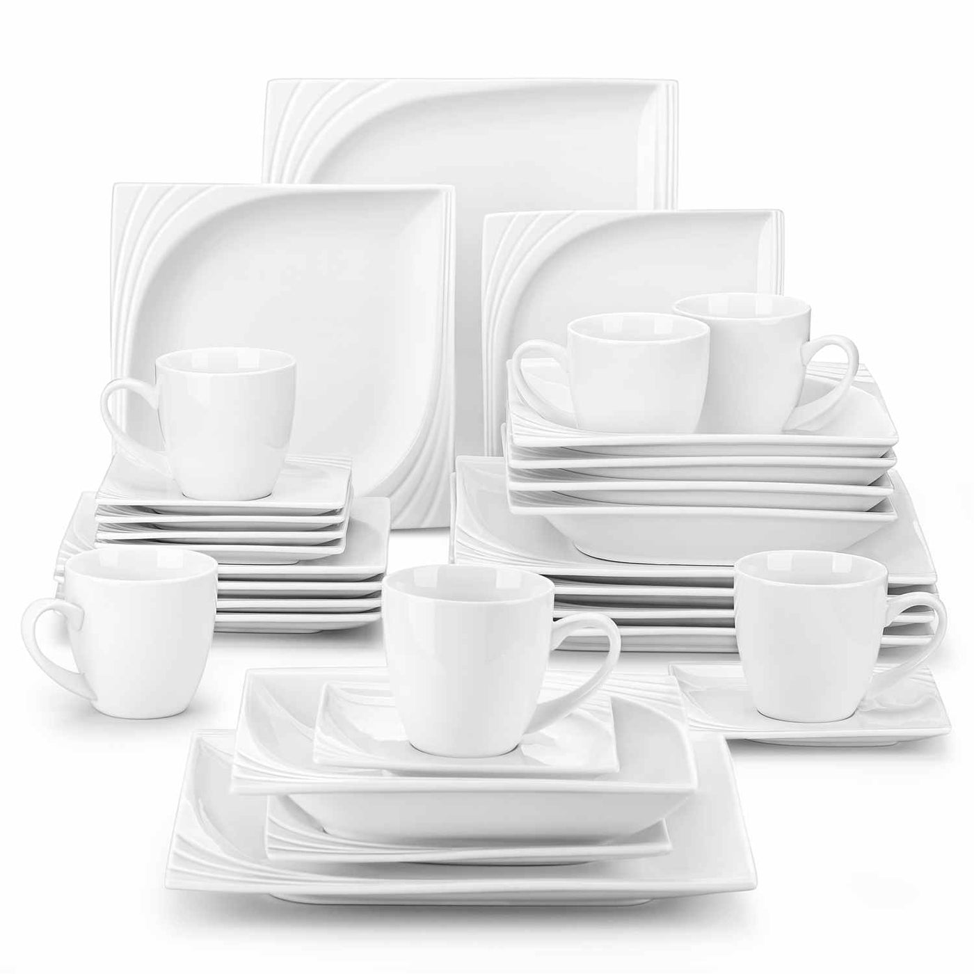 MALACASA Monica 30-Piece Porcelain Dinnerware Set in Ivory White, Complete with Mugs, Ideal for Hosting Stylish Dinner Parties or Everyday Family Meals, Creating an Inviting and Elegant Dining Experience.