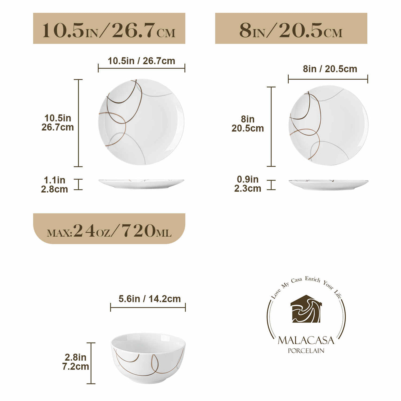 MALACASA Nikita 12-Piece Porcelain Dinnerware Set, Featuring Rounded Design with Brown Line Pattern, Suitable for Daily Use.