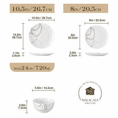 MALACASA Nikita 12-Piece Porcelain Dinnerware Set, Featuring Rounded Design with Brown Line Pattern, Suitable for Daily Use.