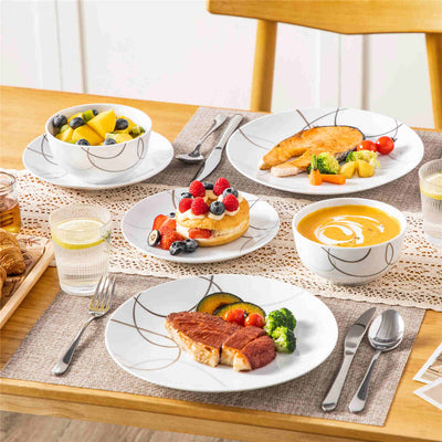 MALACASA Nikita 12-Piece Porcelain Dinnerware Set, Featuring Rounded Design with Brown Line Pattern, Suitable for Daily Use.