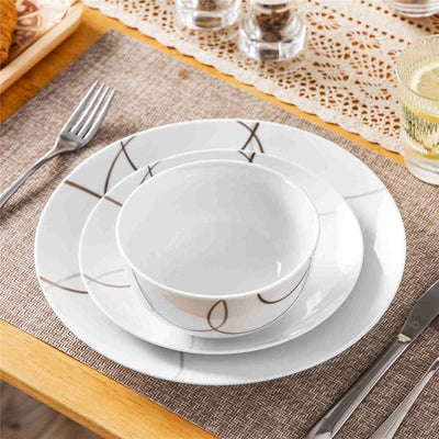 MALACASA Nikita 12-Piece Porcelain Dinnerware Set, Featuring Rounded Design with Brown Line Pattern, Suitable for Daily Use.