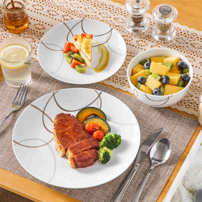 MALACASA Nikita 12-Piece Porcelain Dinnerware Set, Featuring Rounded Design with Brown Line Pattern, Suitable for Daily Use.