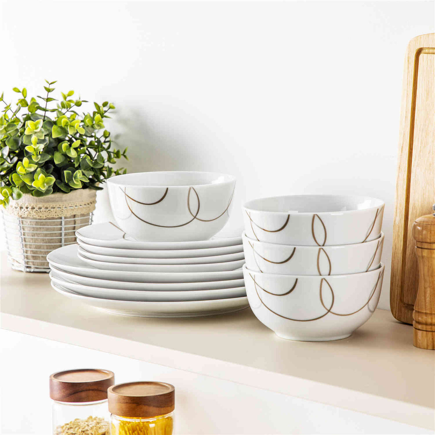 MALACASA Nikita 12-Piece Porcelain Dinnerware Set, Featuring Rounded Design with Brown Line Pattern, Suitable for Daily Use.