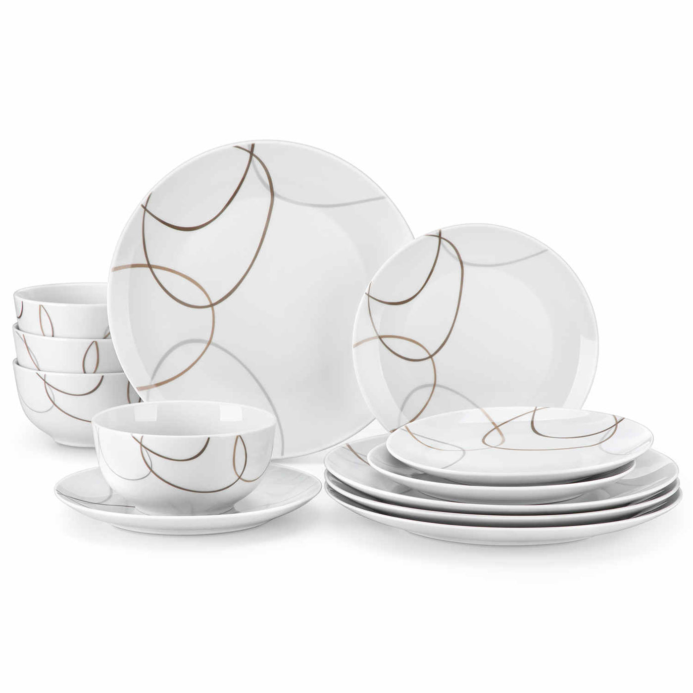 MALACASA Nikita 12-Piece Porcelain Dinnerware Set, Featuring Rounded Design with Brown Line Pattern, Suitable for Daily Use.