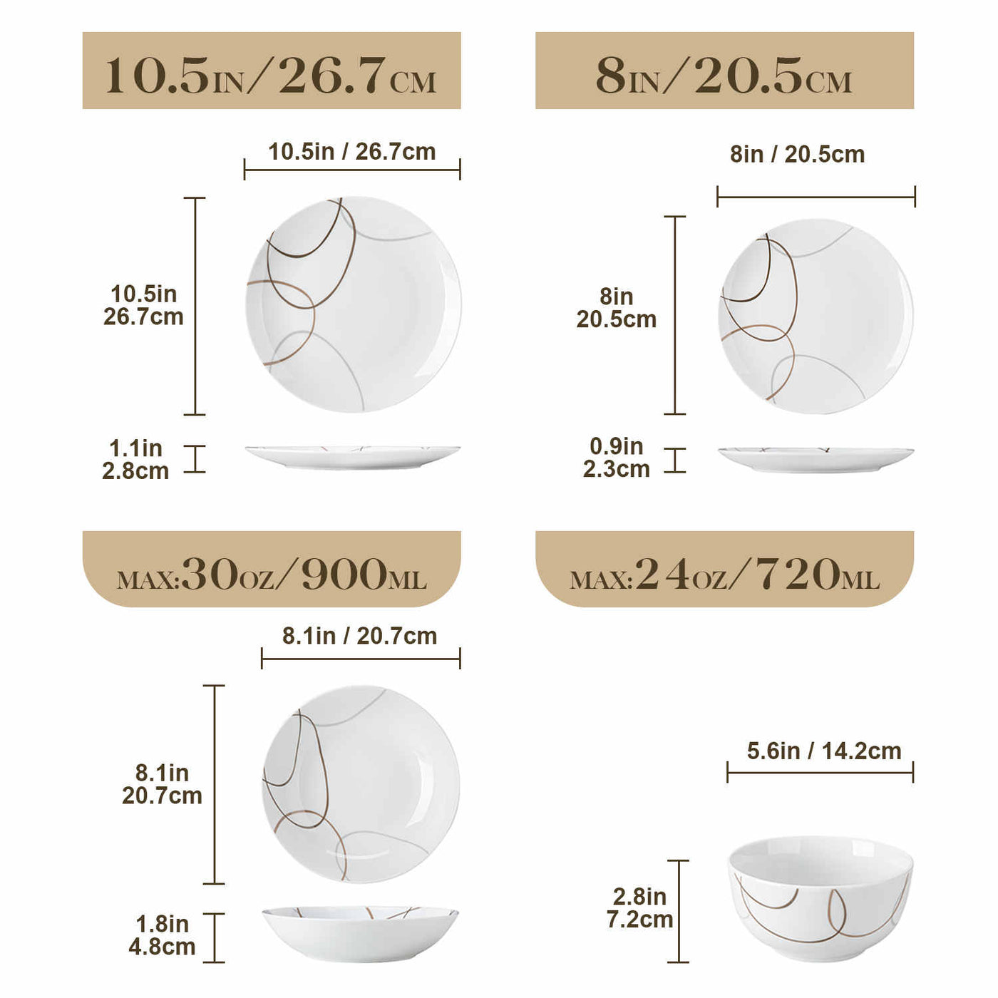 MALACASA Nikita Round 24-Piece Dinnerware Set, Featuring Rounded Design with Brown Line Pattern, Includes Soup Bowl and Plate.