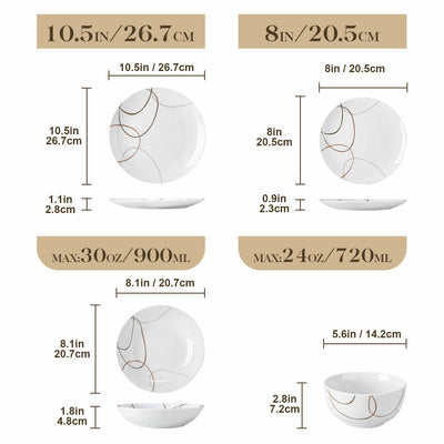 MALACASA Nikita Round 24-Piece Dinnerware Set, Featuring Rounded Design with Brown Line Pattern, Includes Soup Bowl and Plate.