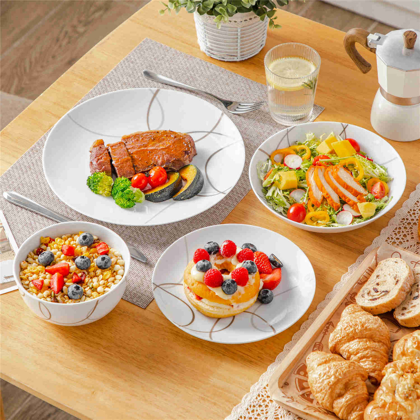 MALACASA Nikita Round 24-Piece Dinnerware Set, Featuring Rounded Design with Brown Line Pattern, Includes Soup Bowl and Plate.