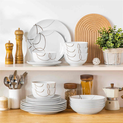 MALACASA Nikita Round 24-Piece Dinnerware Set, Featuring Rounded Design with Brown Line Pattern, Includes Soup Bowl and Plate.