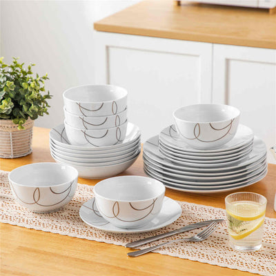 MALACASA Nikita Round 24-Piece Dinnerware Set, Featuring Rounded Design with Brown Line Pattern, Includes Soup Bowl and Plate.