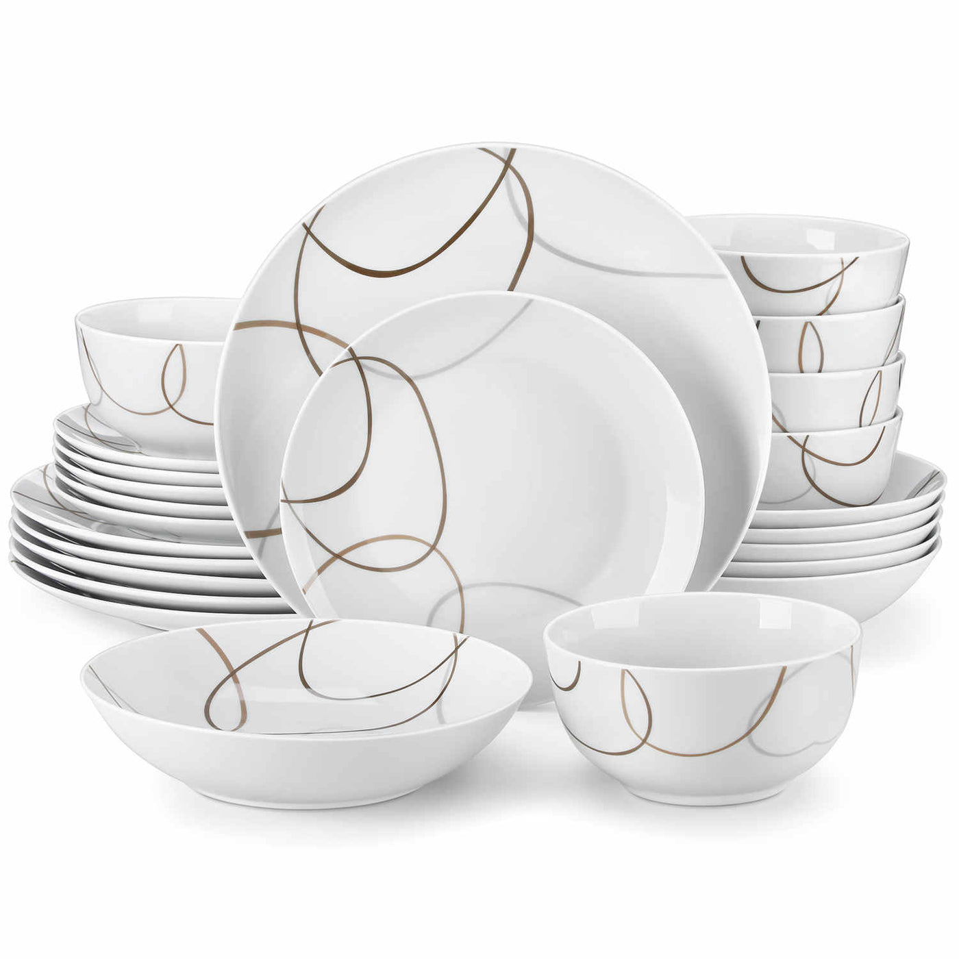 MALACASA Nikita Round 24-Piece Dinnerware Set, Featuring Rounded Design with Brown Line Pattern, Includes Soup Bowl and Plate.