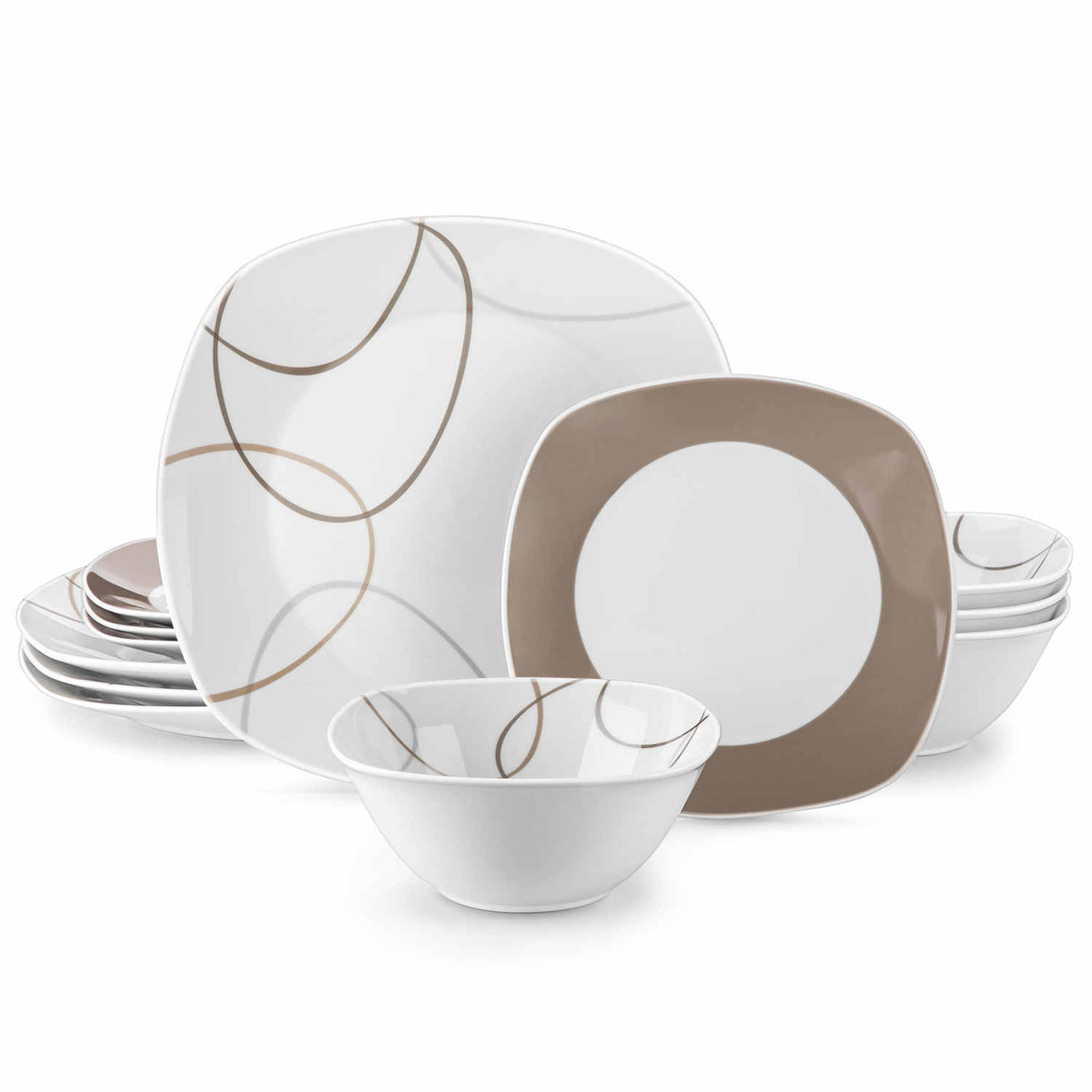 MALACASA Nikita 12-Piece Porcelain Dinnerware Set, Featuring Rounded Square Design with Brown Line Pattern, Includes Plates and Bowls.