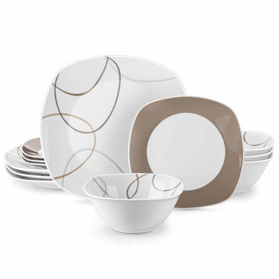 MALACASA Nikita 12-Piece Porcelain Dinnerware Set, Featuring Rounded Square Design with Brown Line Pattern, Includes Plates and Bowls.