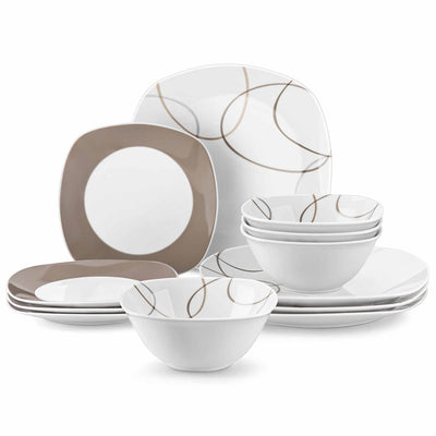 MALACASA Nikita 12-Piece Porcelain Dinnerware Set, Featuring Rounded Square Design with Brown Line Pattern, Includes Plates and Bowls.