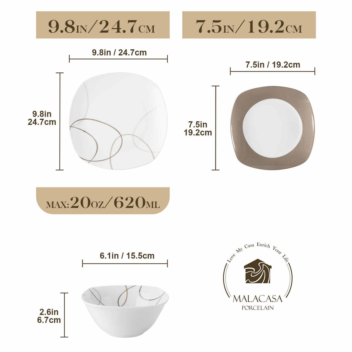 MALACASA Nikita 12-Piece Porcelain Dinnerware Set, Featuring Rounded Square Design with Brown Line Pattern, Includes Plates and Bowls.