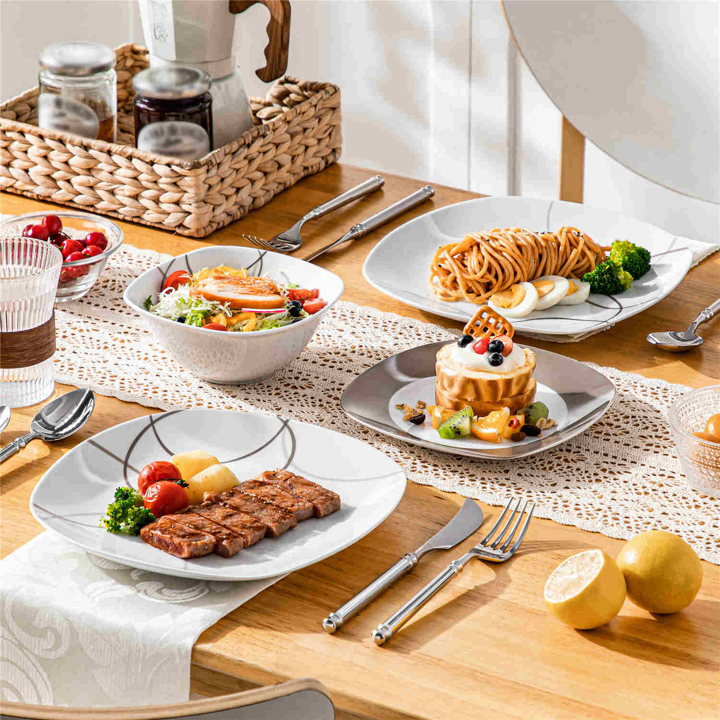 MALACASA Nikita 12-Piece Porcelain Dinnerware Set, Featuring Rounded Square Design with Brown Line Pattern, Includes Plates and Bowls.