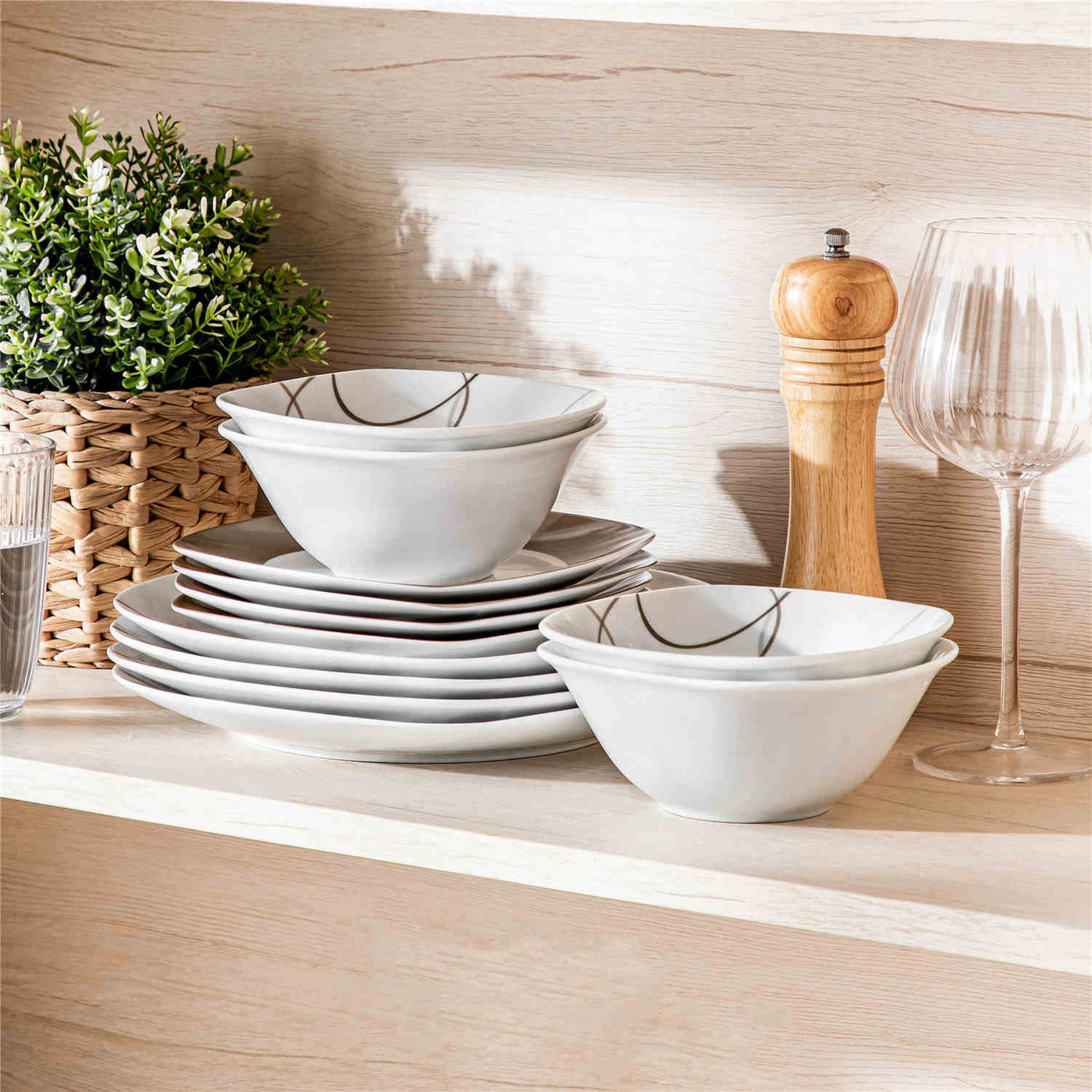 MALACASA Nikita 12-Piece Porcelain Dinnerware Set, Featuring Rounded Square Design with Brown Line Pattern, Includes Plates and Bowls.