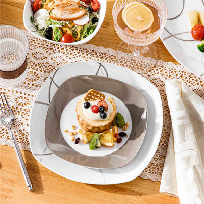 MALACASA Nikita 12-Piece Porcelain Dinnerware Set, Featuring Rounded Square Design with Brown Line Pattern, Includes Plates and Bowls.