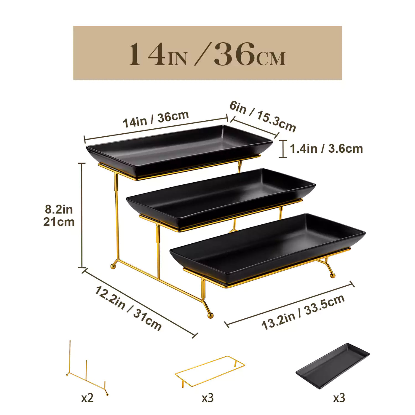 Elegant 3-Tier Black Server With Plates Perfect For Serving Desserts Appetizers At Any Event - 14 inch-GT#size_14-inch-gold-frame