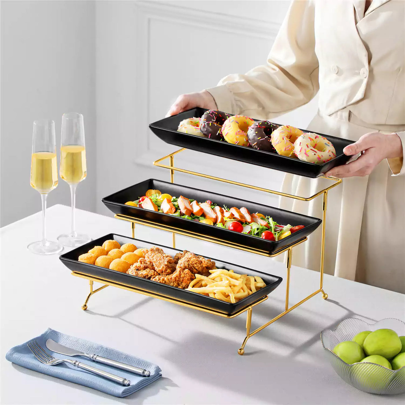 Elegant 3-Tier Black Server With Plates Perfect For Serving Desserts Appetizers At Any Event - 14 inch-GT#size_14-inch-gold-frame