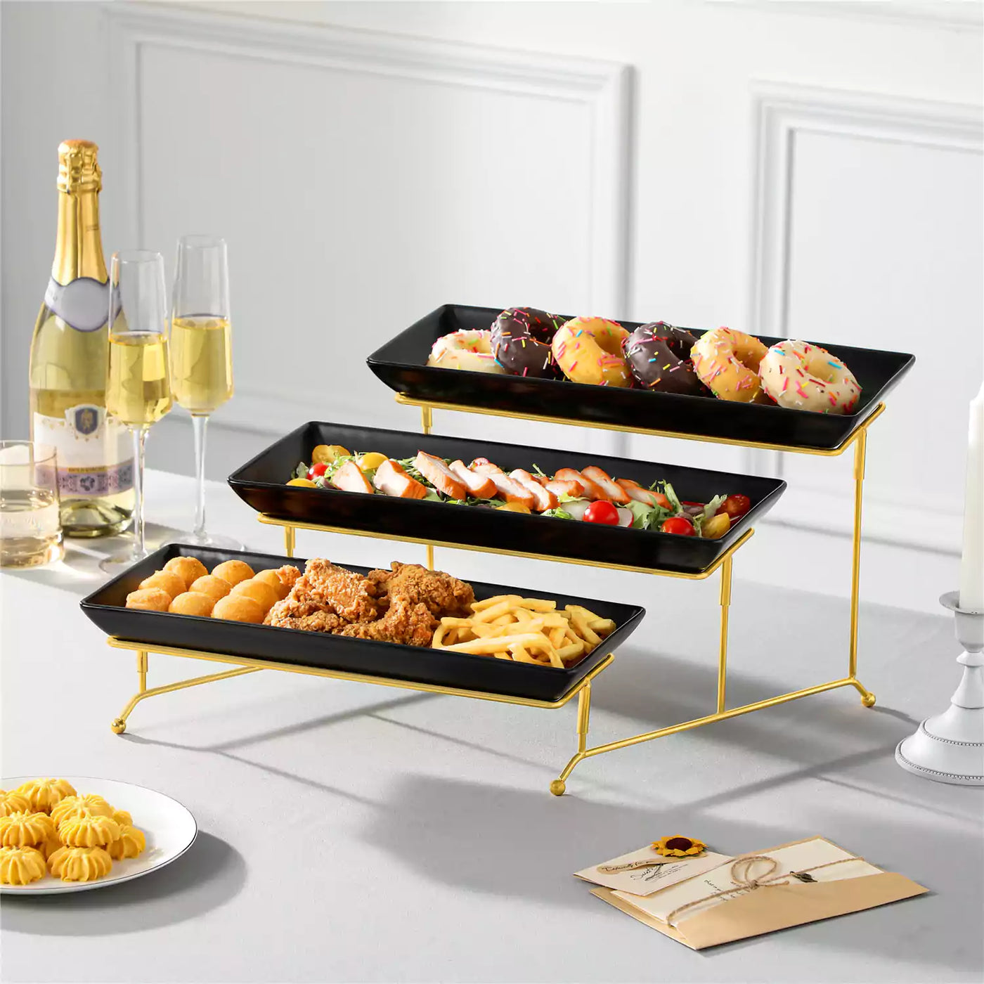 Elegant 3-Tier Black Server With Plates Perfect For Serving Desserts Appetizers At Any Event - 14 inch-GT#size_14-inch-gold-frame