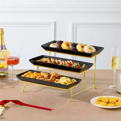 Elegant 3-Tier Black Server With Plates Perfect For Serving Desserts Appetizers At Any Event - 14 inch-GT#size_14-inch-gold-frame