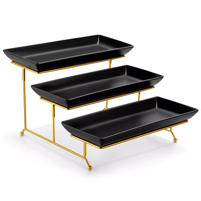 Elegant 3-Tier Black Server With Plates Perfect For Serving Desserts Appetizers At Any Event - 14 inch#size_14-inch-gold-frame